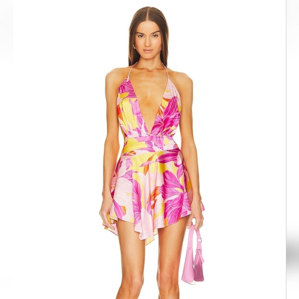 Retrofete Valo Mini Dress in Botanical Floral Halter Size Large Silk NWT
